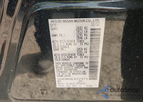 2013 Nissan Pathfinder Sl z USA, uszkodzony, nr VIN 5N1AR2MN3DC622975